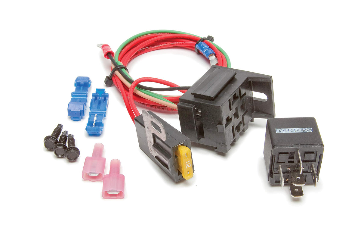 Painless relay kit front view showing relay and harness, improving beam performance
