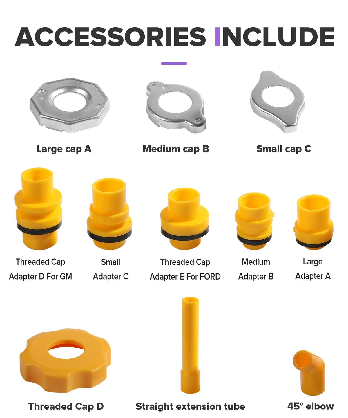 PAIYUE adapters and caps laid out emphasizing compatibility across vehicles benefit