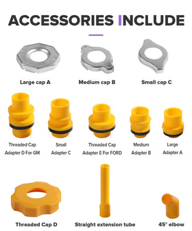 PAIYUE adapters and caps laid out emphasizing compatibility across vehicles benefit