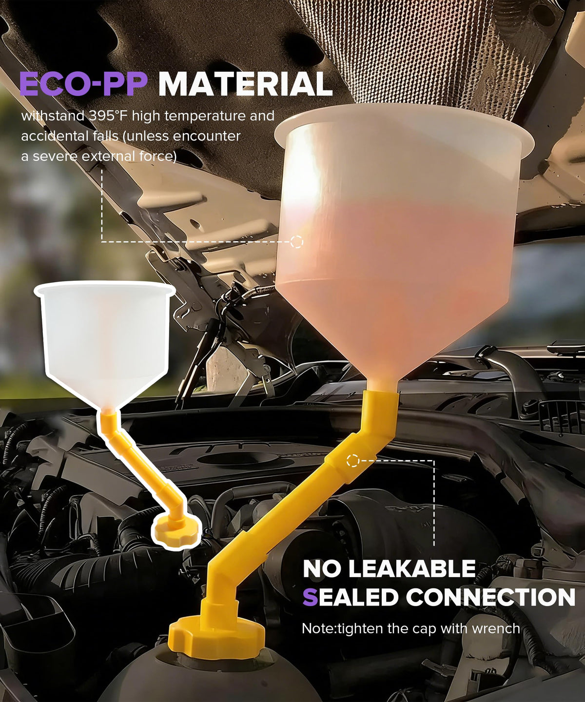 PAIYUE assembly attached to radiator showing spill-free filling benefit