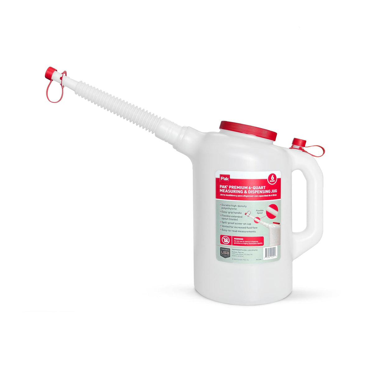 PAK front view of 6-quart jug showing robust body and red cap for visibility and durability