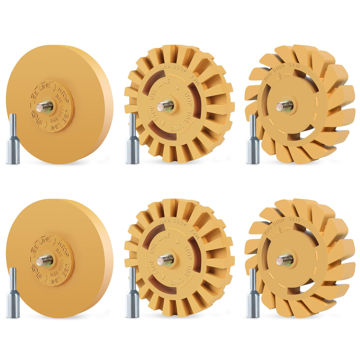 Pakeed front packaging showing six 4-inch eraser wheels and adapter for quick selection benefit