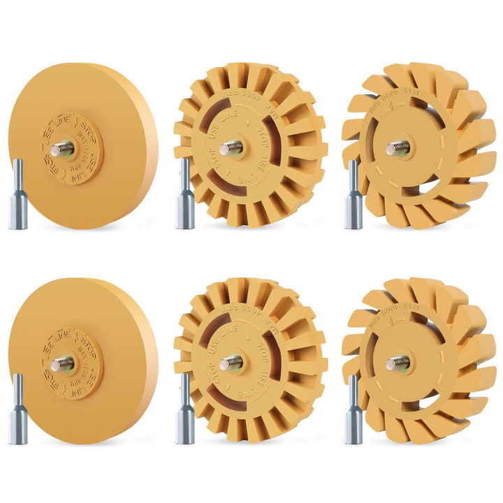 Pakeed front packaging showing six 4-inch eraser wheels and adapter for quick selection benefit