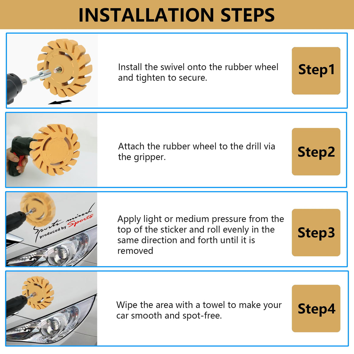 Pakeed lifestyle detailing setup with wheels, drill, and cloth for efficient cleanup benefit