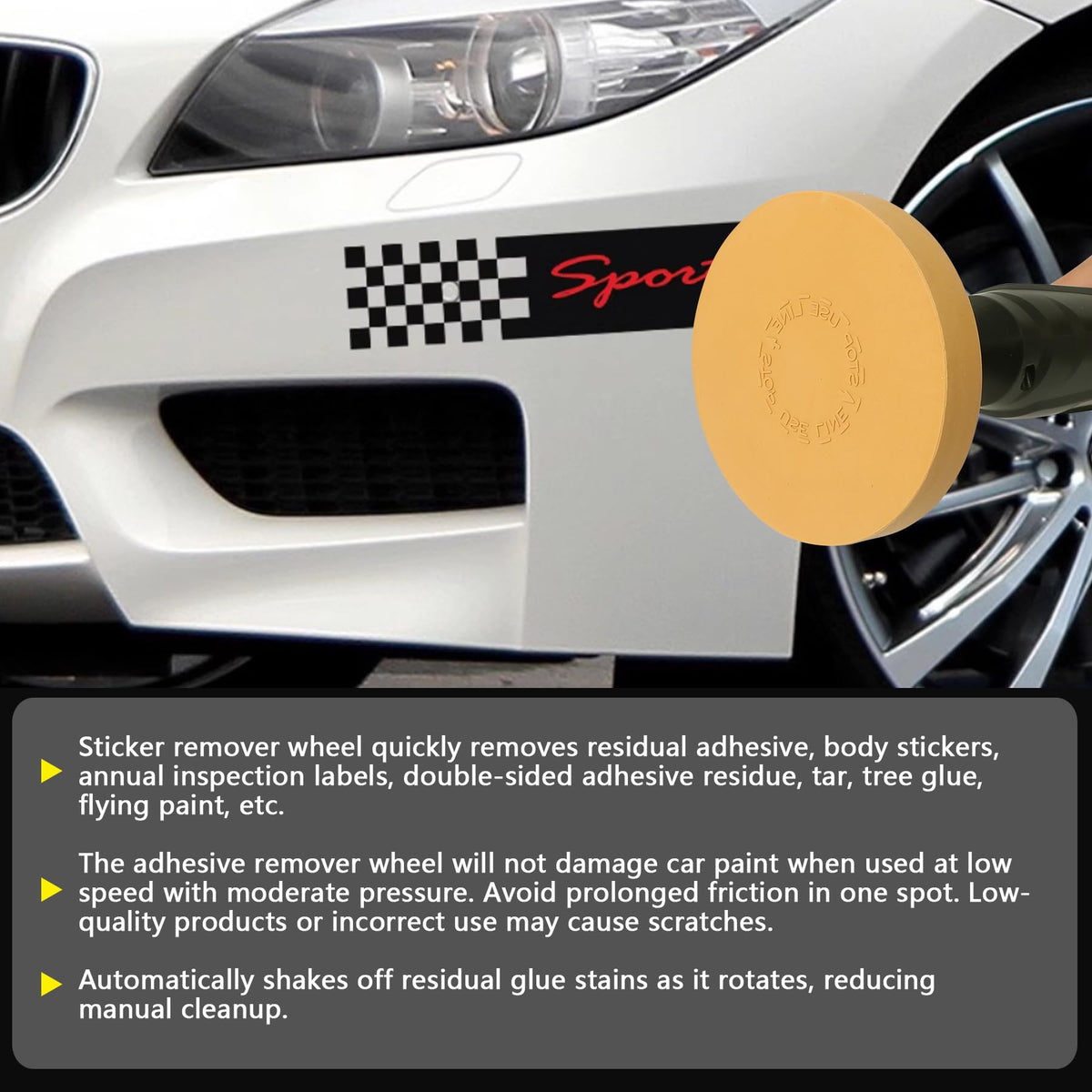 Pakeed rubber wheel mounted on drill removing sticker for fast adhesive cleanup