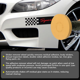 Pakeed rubber wheel mounted on drill removing sticker for fast adhesive cleanup