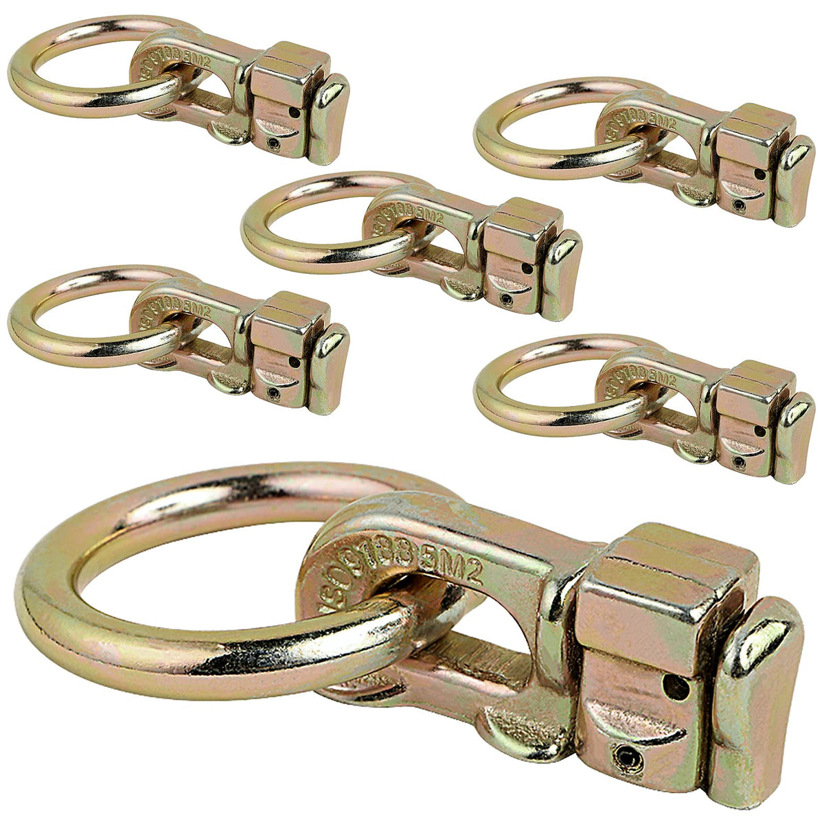 PALOZO front view of six gold L-track fittings showing ready-to-use anchors