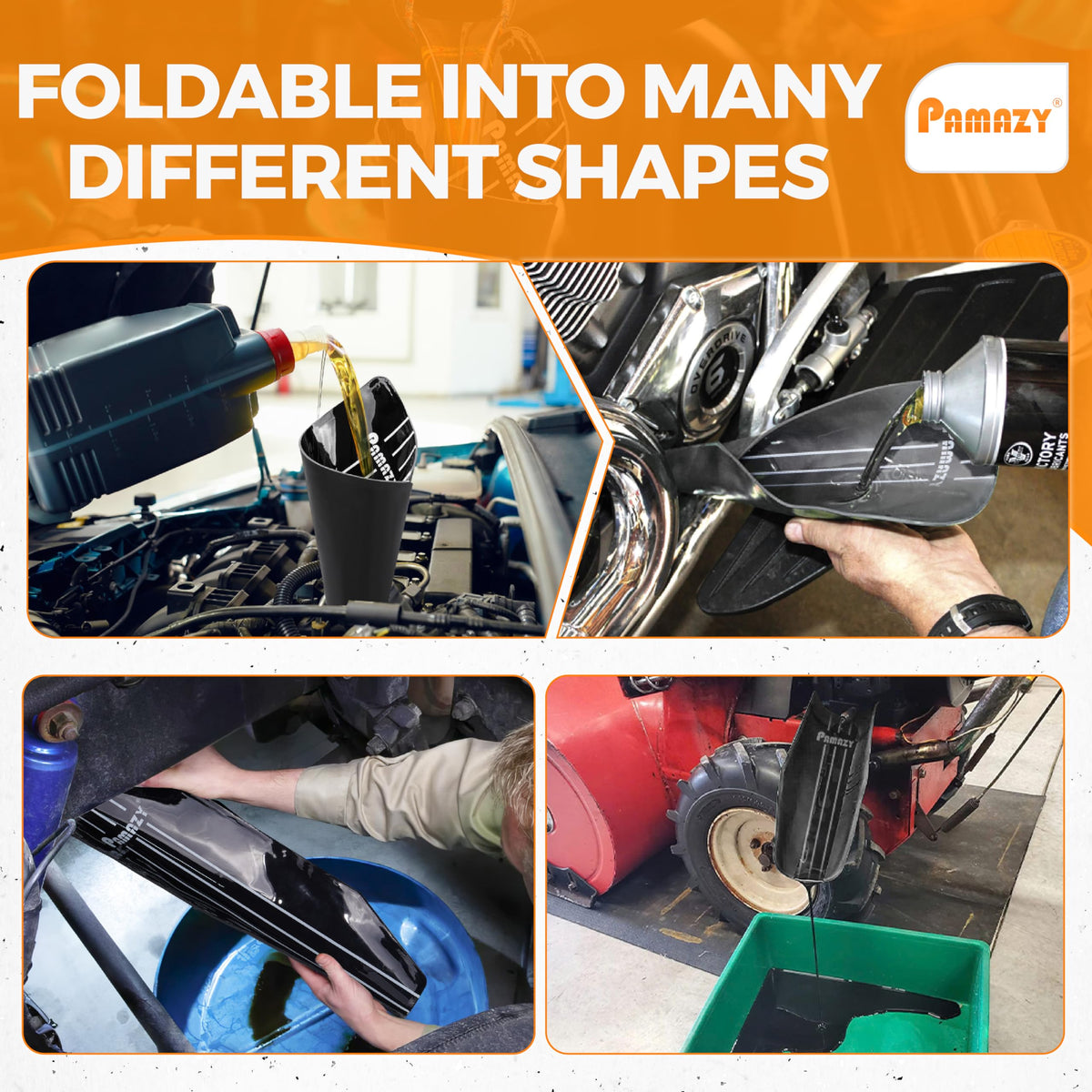 PAMAZY pouring into engine filler neck for precise, mess-free filling