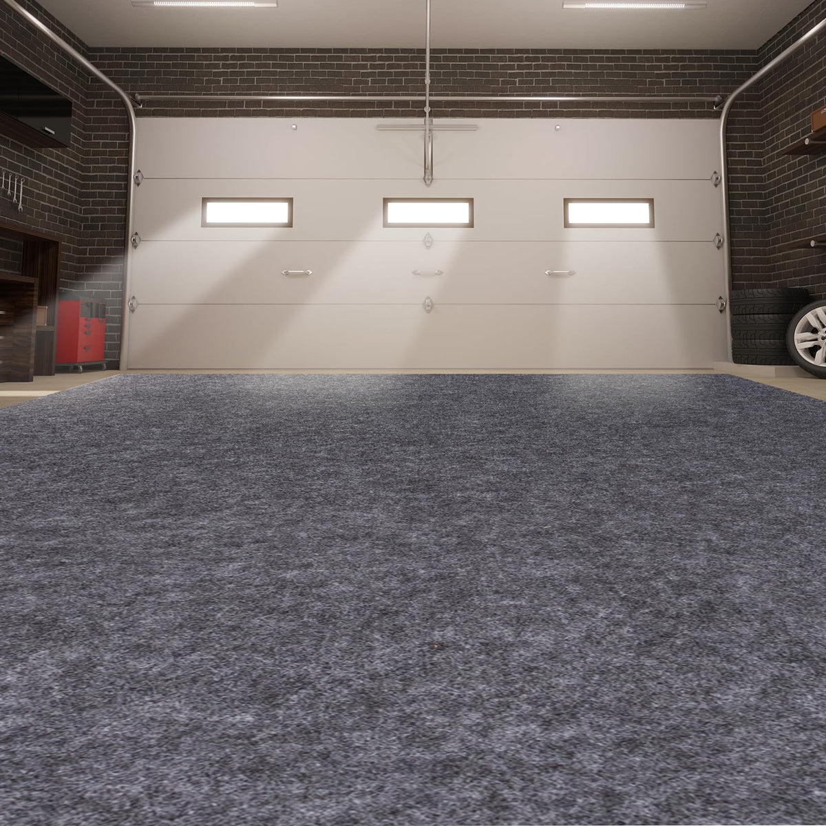 PANDOROOM front view of oversized garage mat showing full coverage and clean design benefit