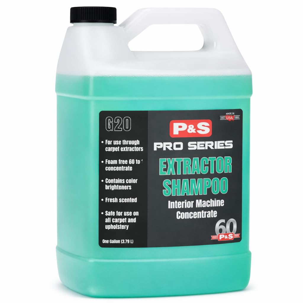 P & S PROFESSIONAL DETAIL PRODUCTS extractor shampoo gallon front label showing product benefits