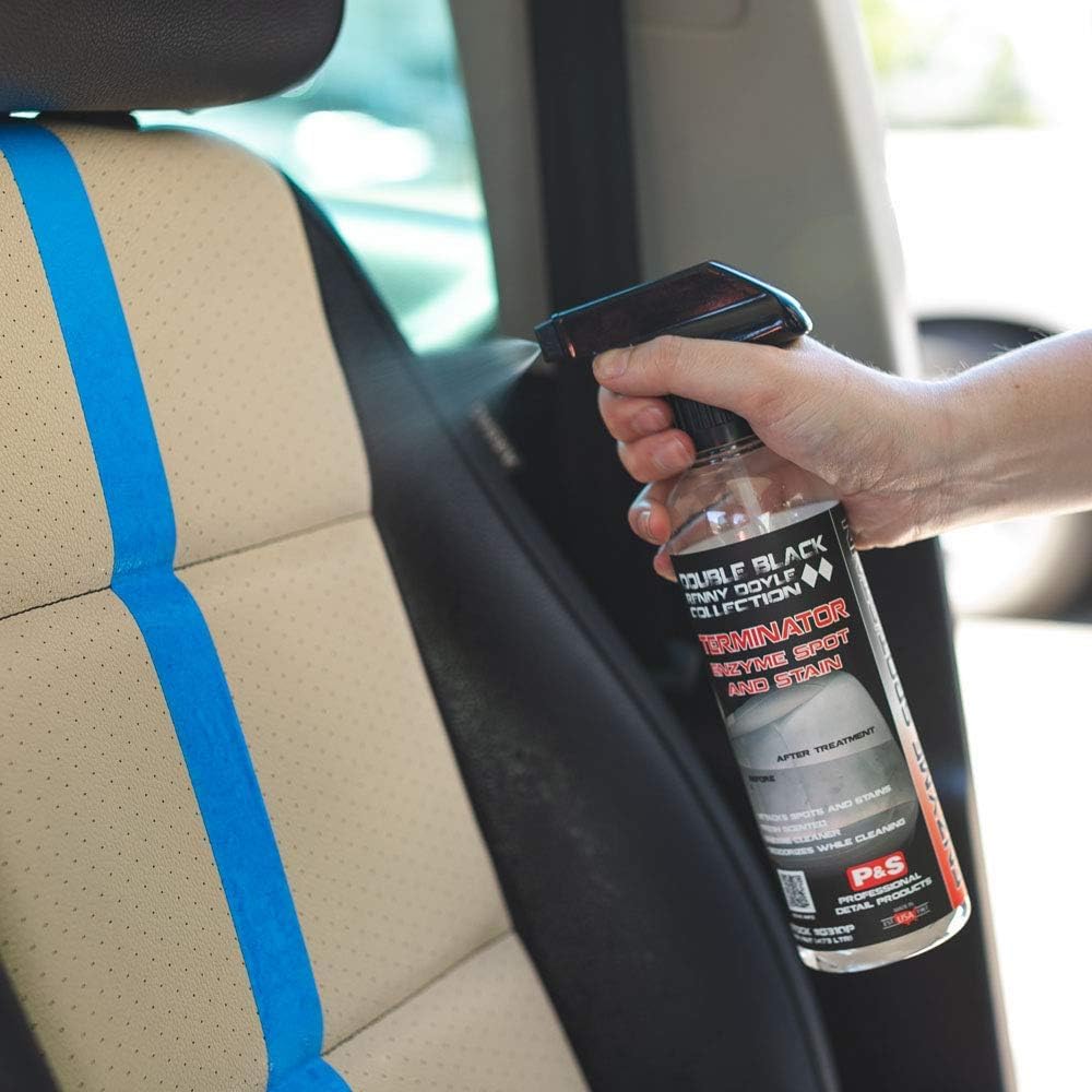 P & S Terminator being applied to car seat showing safe upholstery cleaning benefit