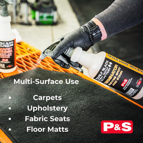 P & S Terminator before and after carpet spot demonstrating stain removal effectiveness benefit