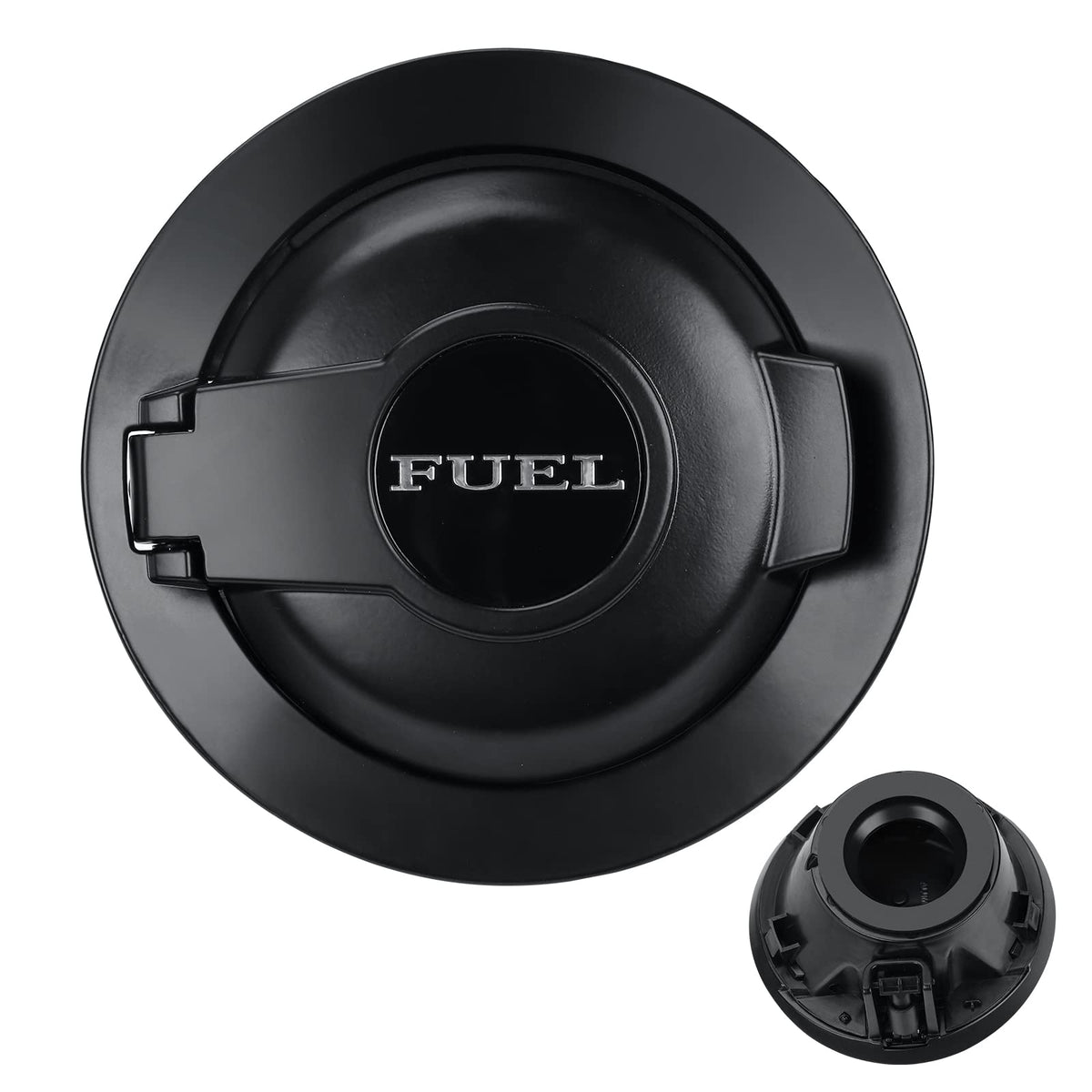 Parfyter matte black fuel door cap front view showing sleek fit and factory look