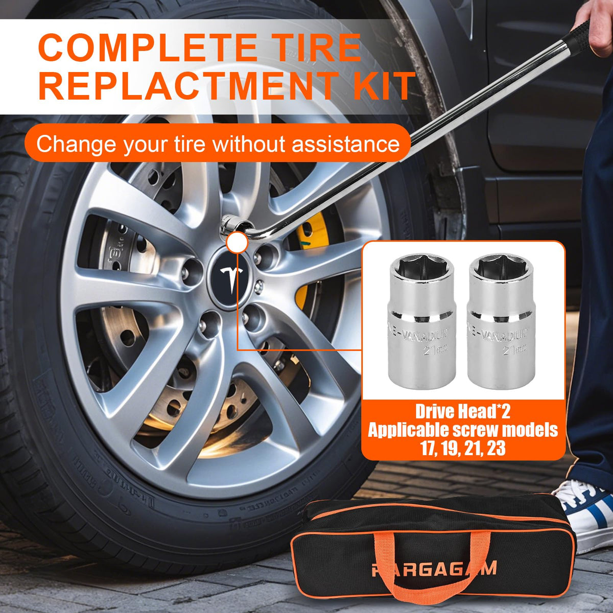 PARGAGAM kit in use lifting a Tesla showing stable, wobble-free support