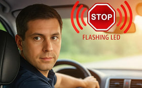 Parkez in garage in use with car bumper touching pole and LED signaling correct stop