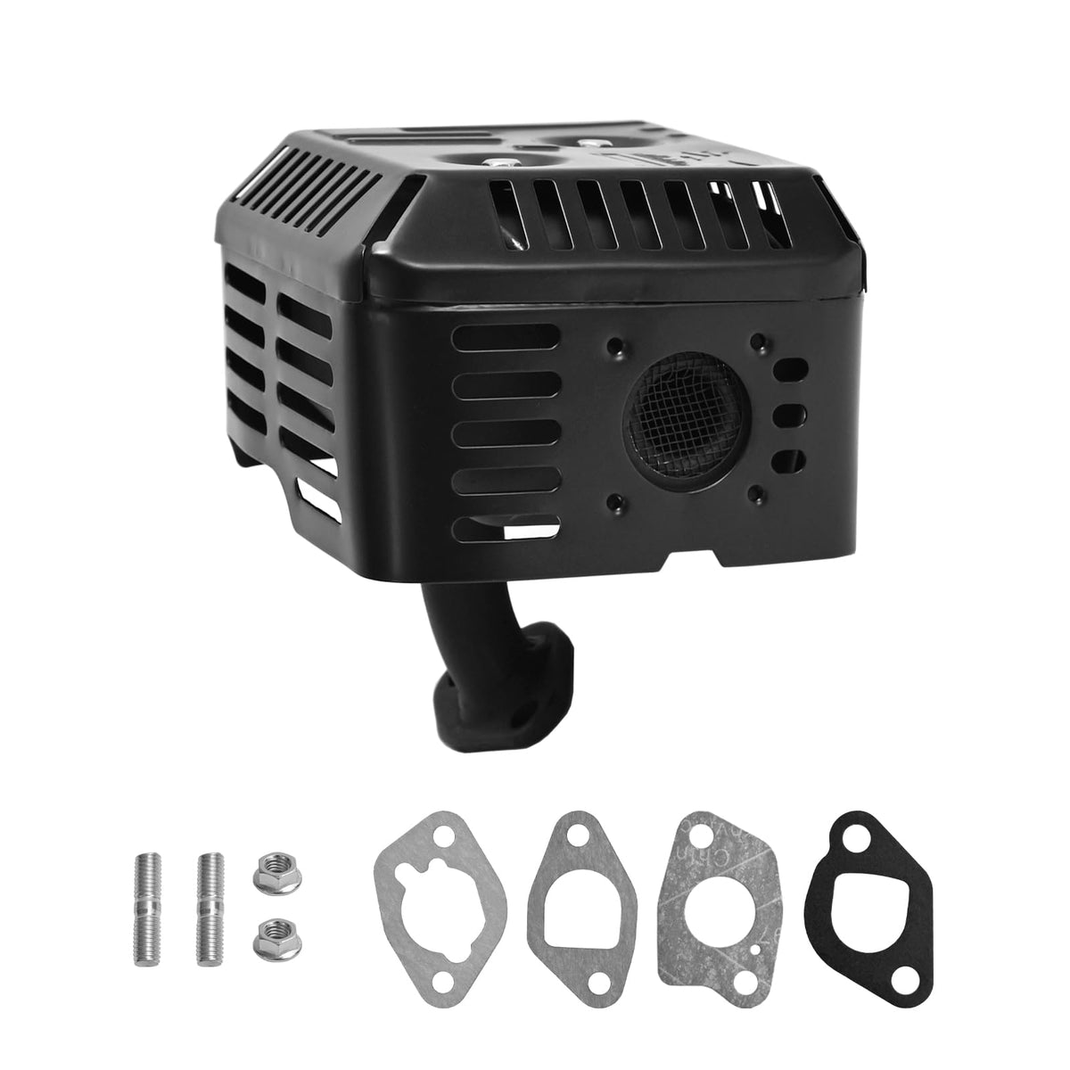 Parts Camp front view muffler showing overall fit and durable finish for quick replacement