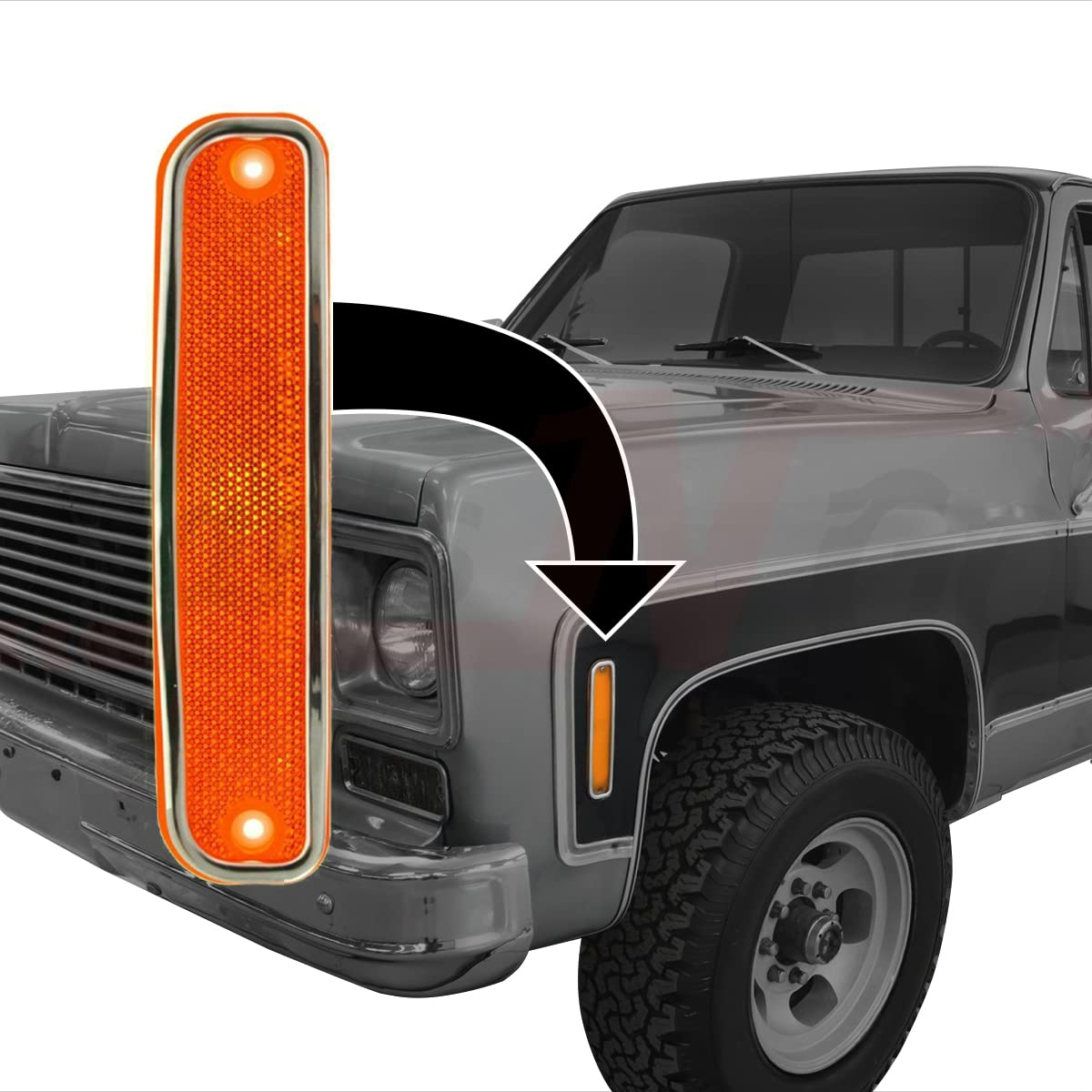 Parts N Go side marker installed on a 1976 C/K pickup demonstrating correct fit and restored appearance