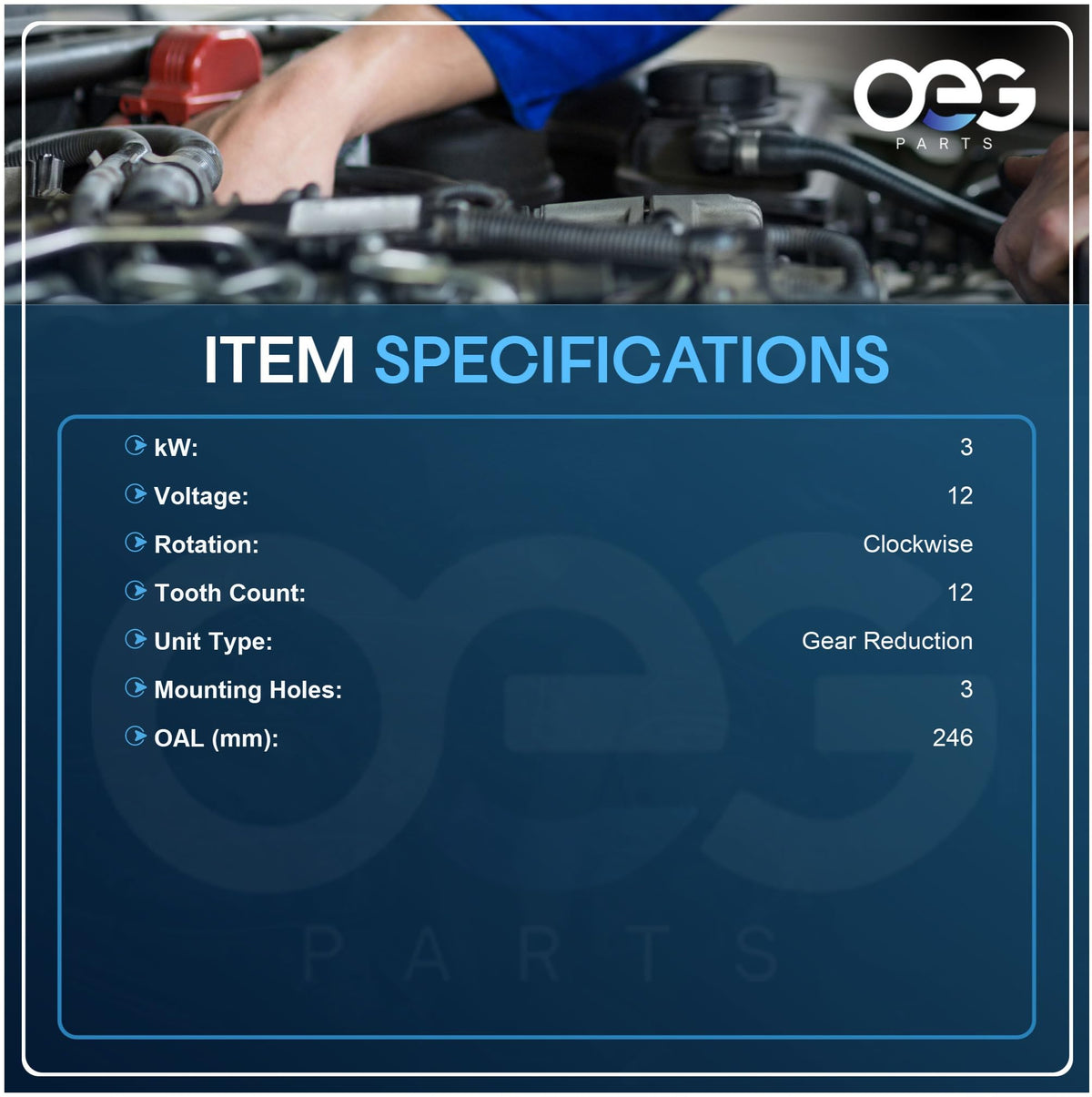 Parts Player starter pinion closeup highlighting 12-tooth gear for correct engagement