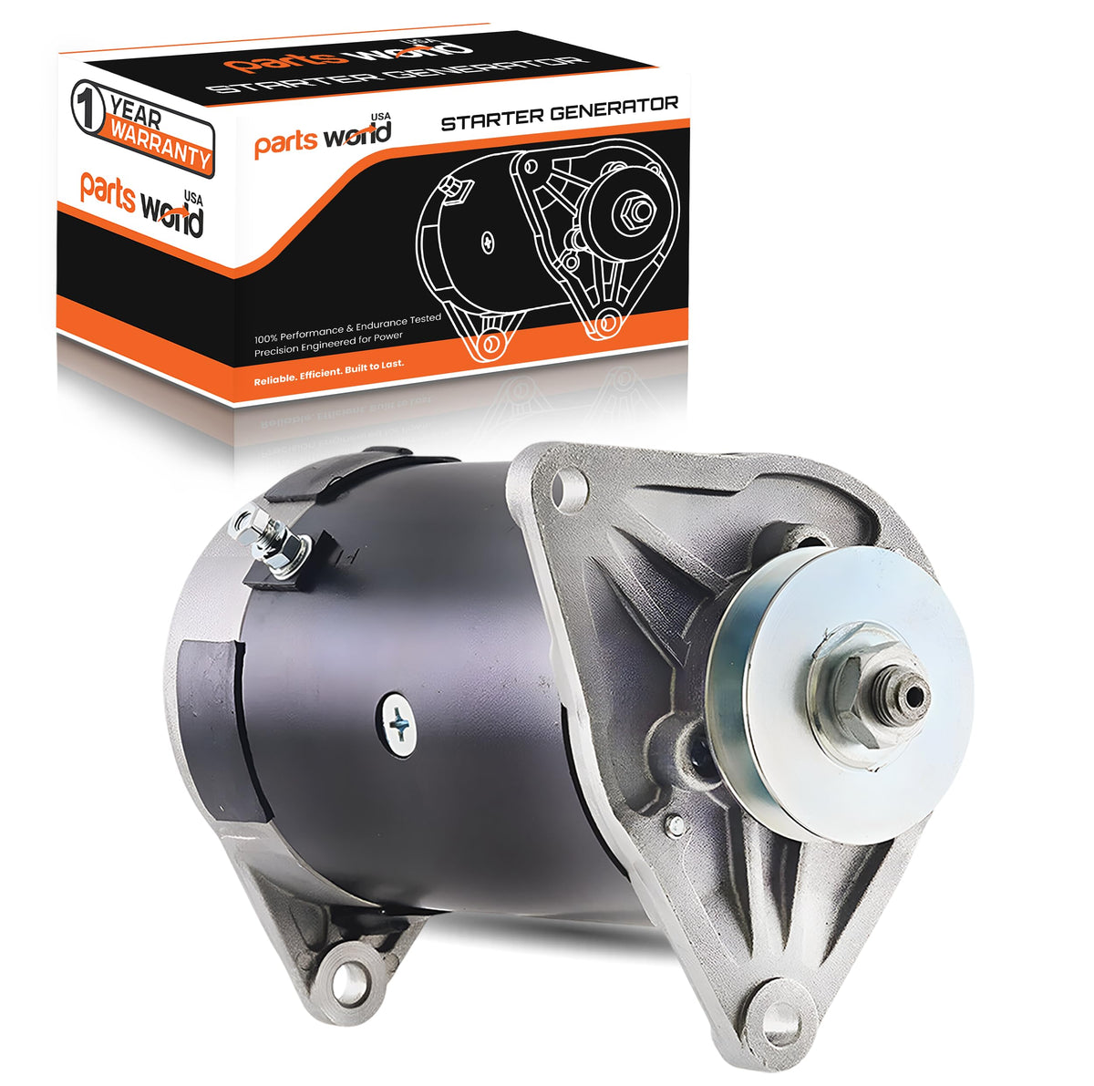 Parts World USA starter generator front view showing robust housing and improved durability
