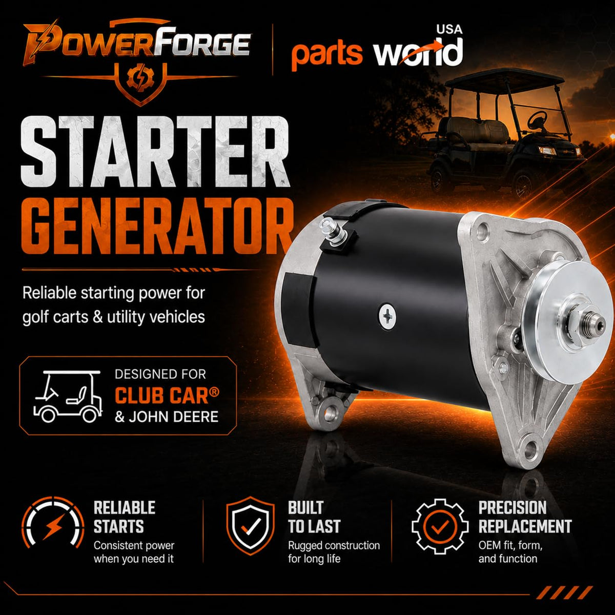 Parts World USA starter generator installed in Club Car DS demonstrating direct-fit replacement benefit