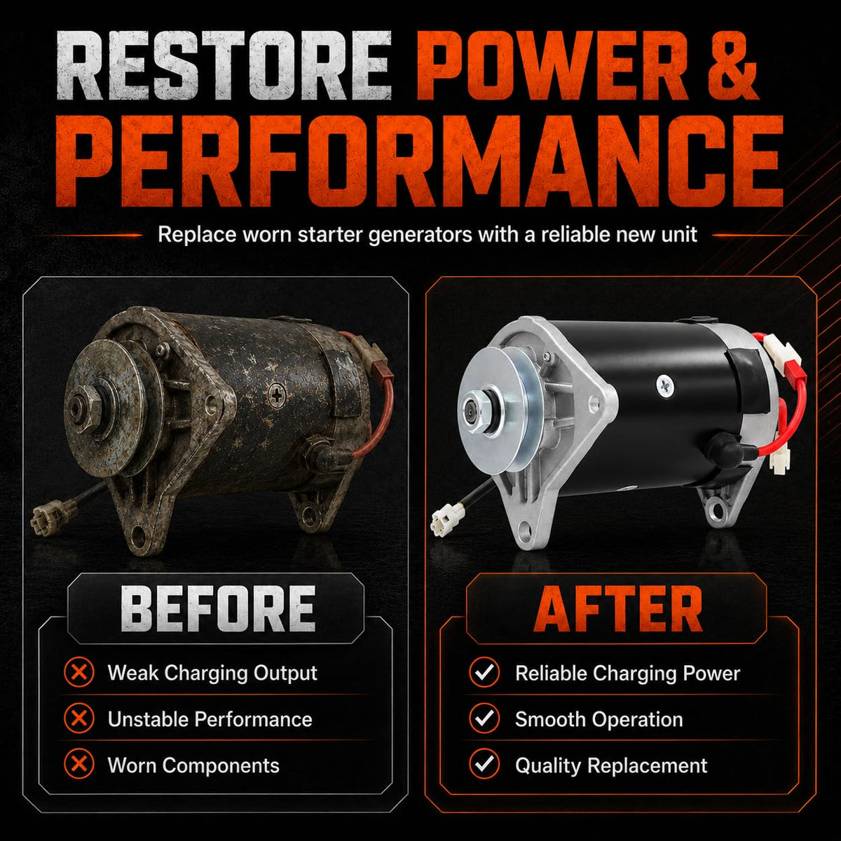 Parts World USA starter generator in a golf-cart workshop providing dependable starting and charging