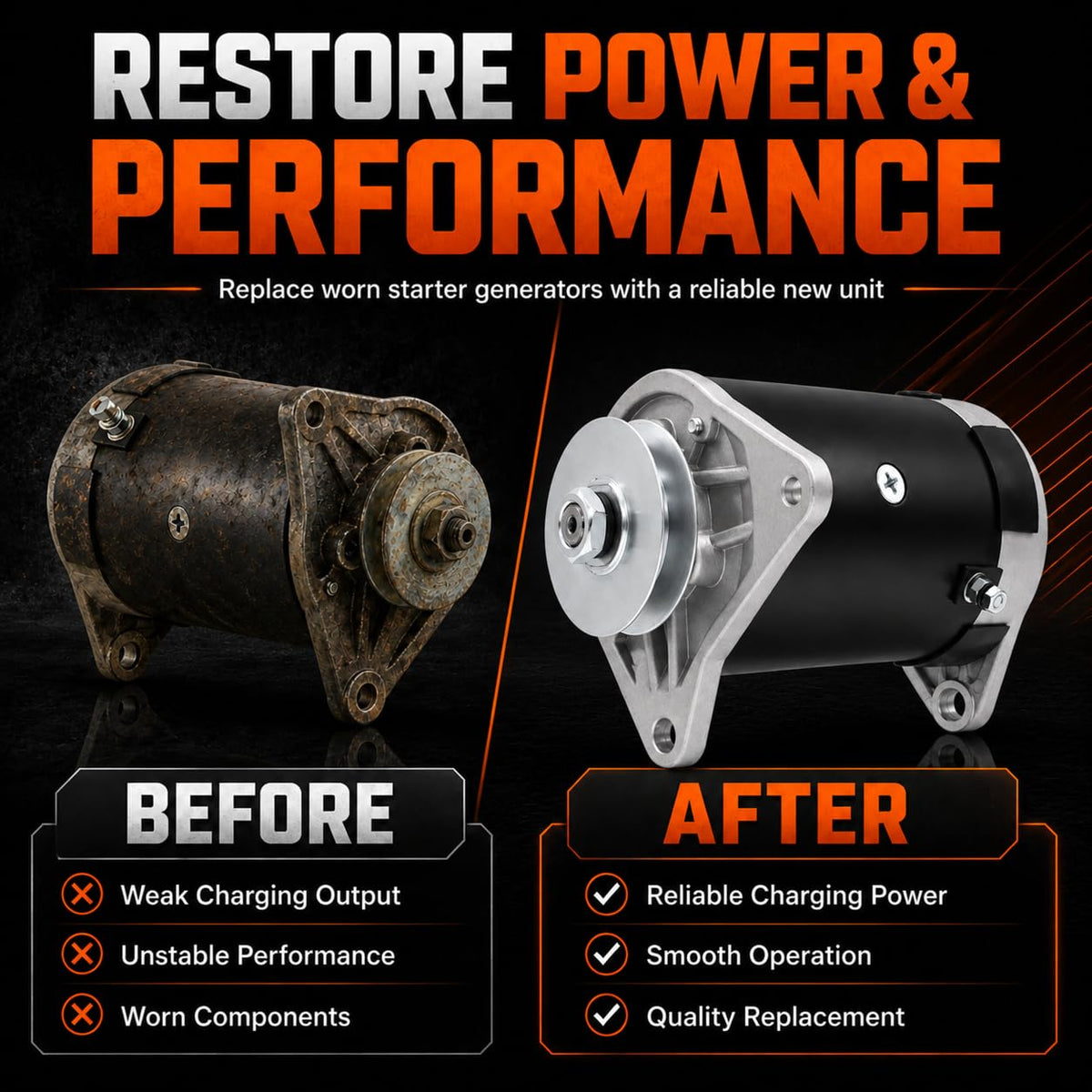 parts world USA starter generator in a repair setting showing easy replacement
