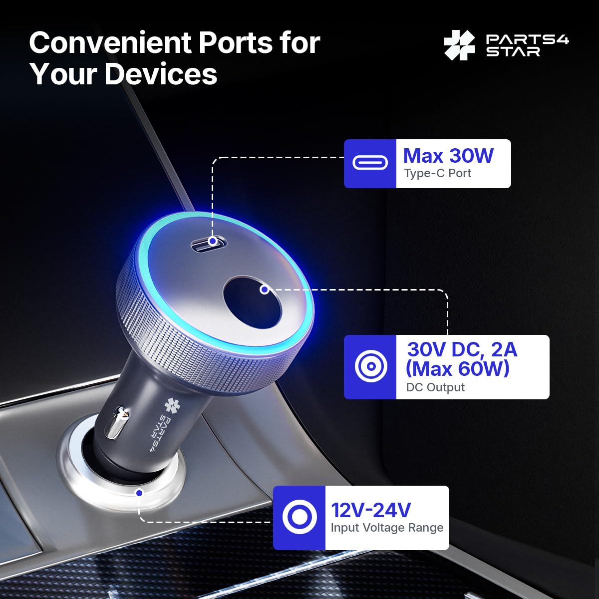 Parts4Star adapter USB-C port closeup illustrating simultaneous device charging