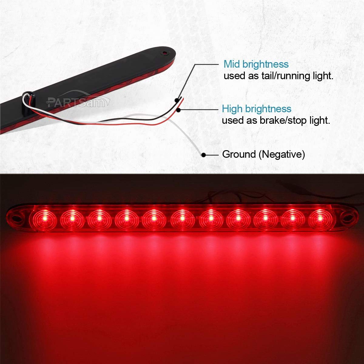 Partsam 15" third brake light bar mounted on trailer improving center brake recognition