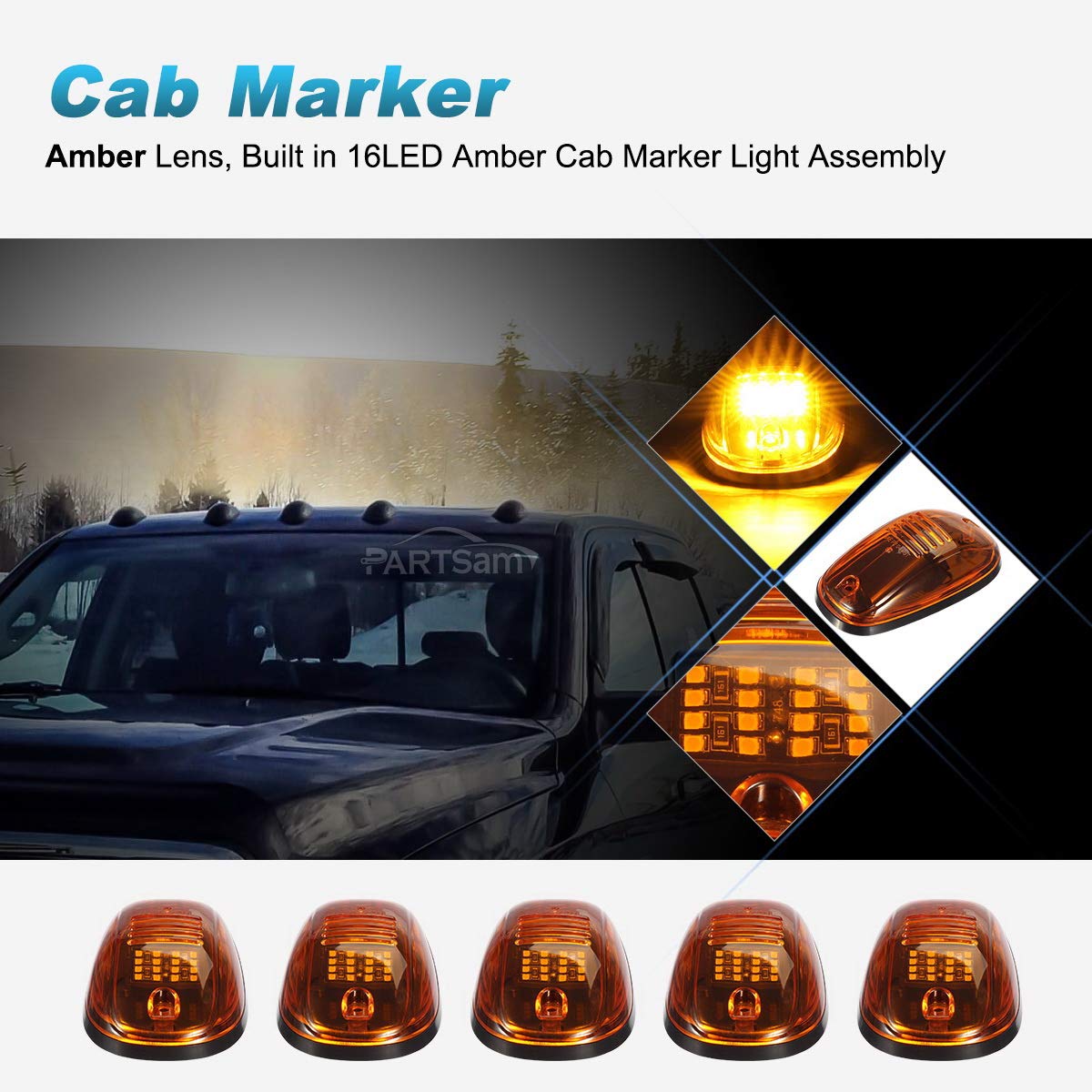 Partsam close-up on 16 LED array highlighting intense amber illumination benefit