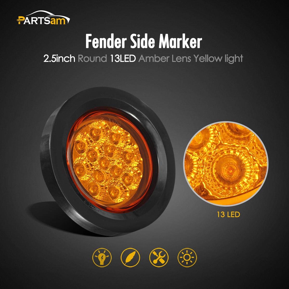 Partsam close-up of faceted LED lens illustrating brightness and improved light dispersion benefit