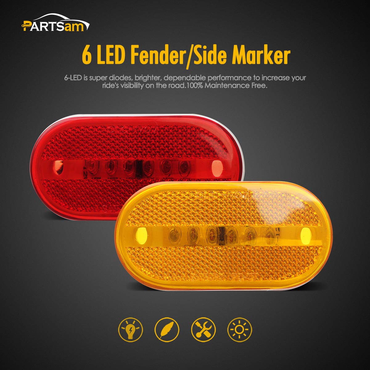 Partsam close-up of LED diodes and reflex lens highlighting brightness and reflectivity