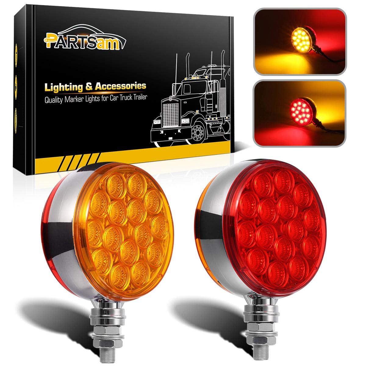 Partsam front face showing chrome pedestal and dual red amber lenses for clear signaling