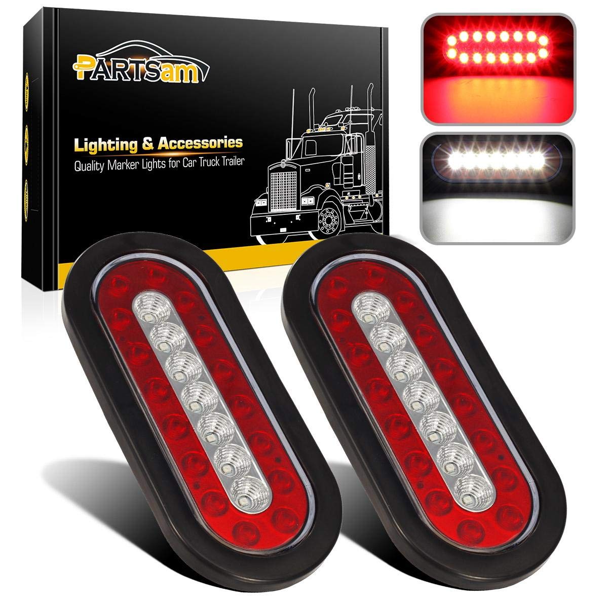 Partsam front view of oval LED tail light showing clear center and red ring, improves visibility