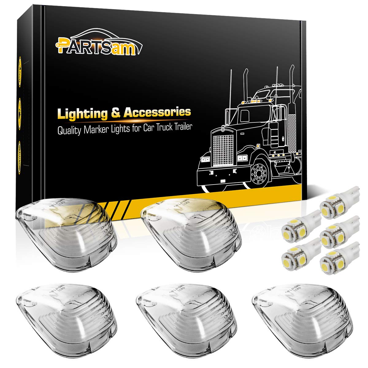 Partsam front packaging showing five clear lenses and five white bulbs benefiting quick replacement