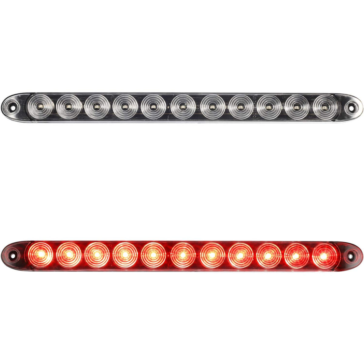 Partsam front view of 15-inch LED light bar showing clear lens and red LEDs for improved visibility