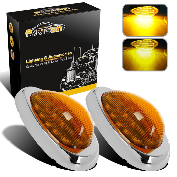 Partsam front view amber teardrop lamp showing sealed housing and chrome bezel for durable visibility
