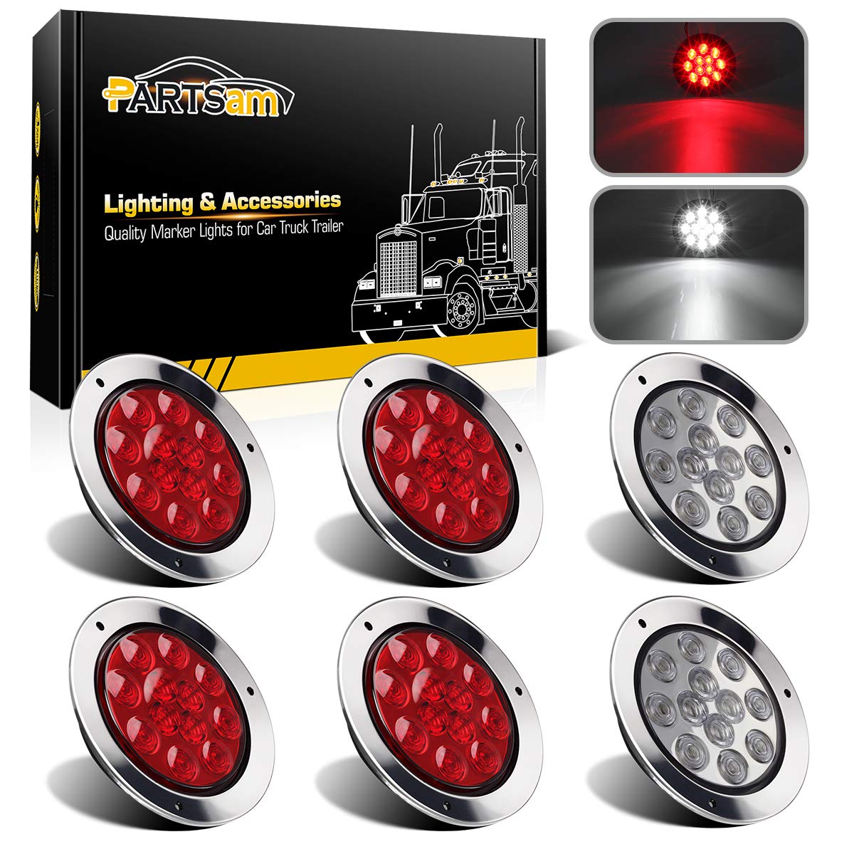 Partsam front view showing four red and two white round lights for clear signaling