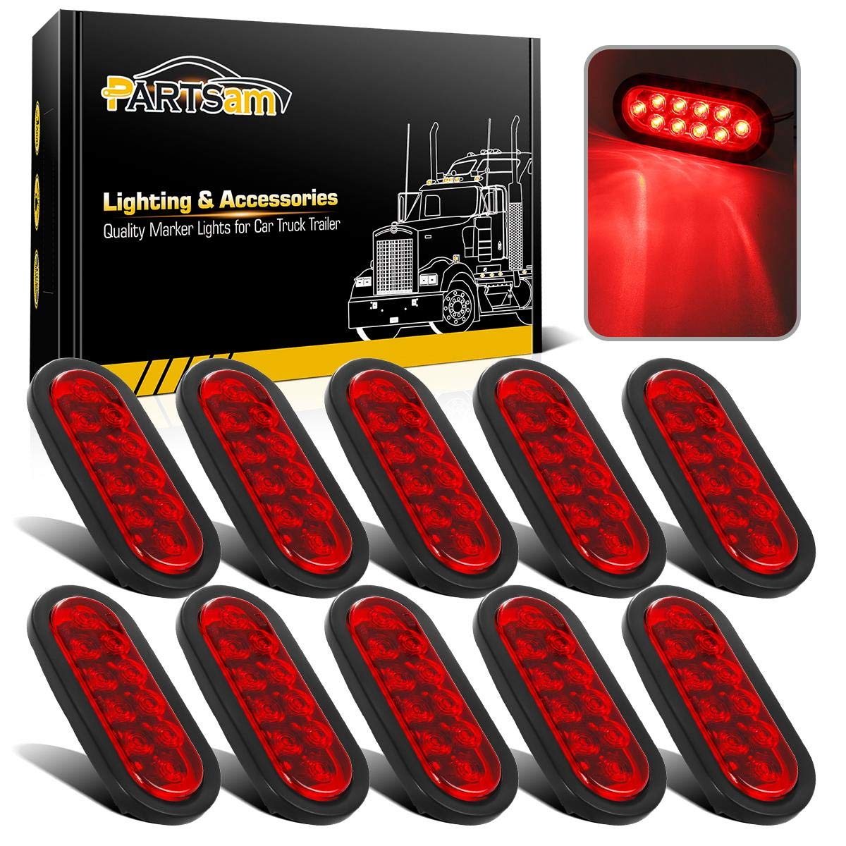 Partsam front view oval LED tail light showing bright red lens and fitment benefit