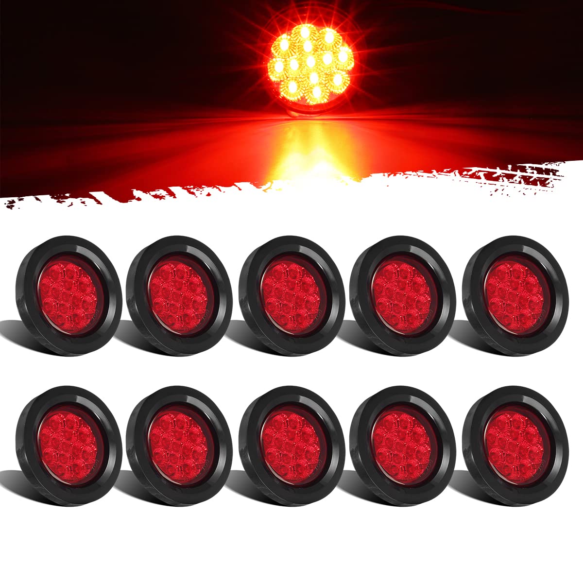 Partsam front view of 10-pack red lights showing compact DOT approved design and clear visibility