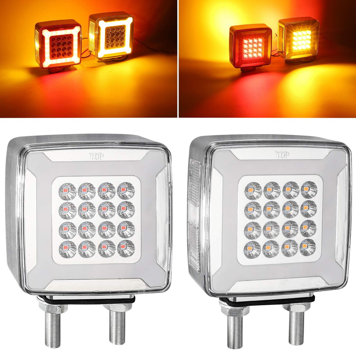 Partsam front view square fender light showing amber and red faces and clear halo for improved visibility