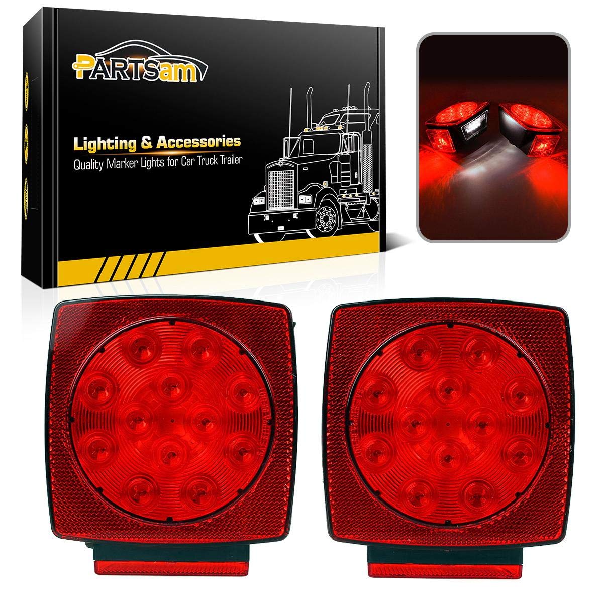 Partsam front view square trailer light showing bright red signal benefit