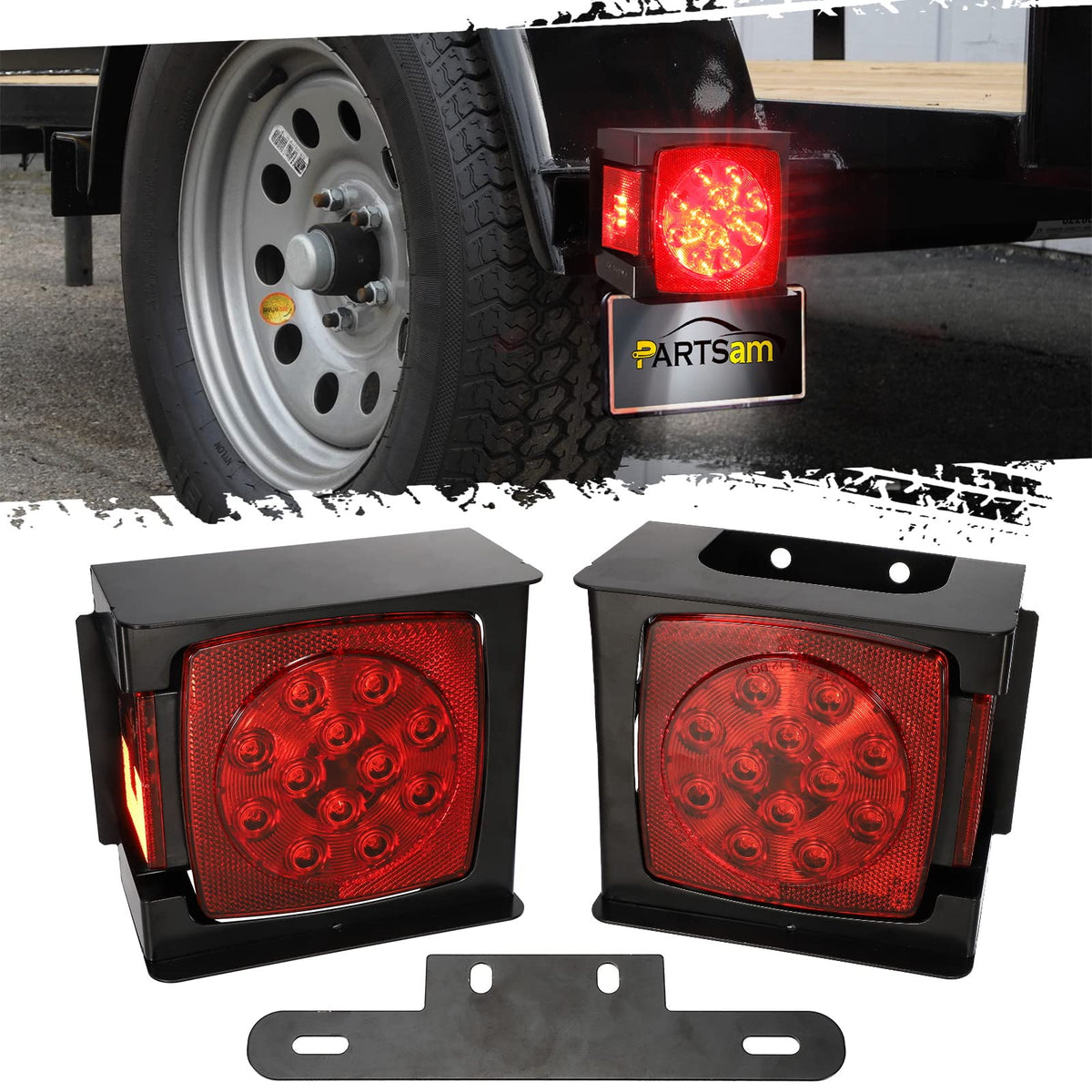 Partsam front view of square LED trailer lights showing clear signal lenses and bright output