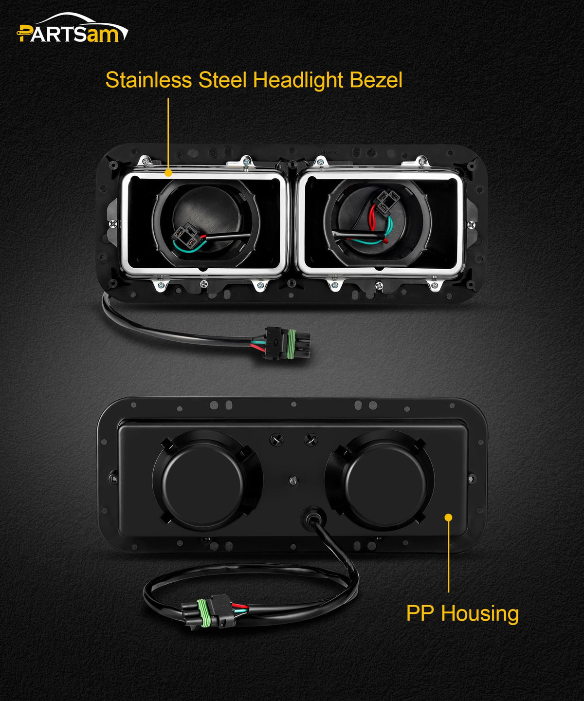 PARTSam housing rear view with H4 wire harness and plugs for quick fitment