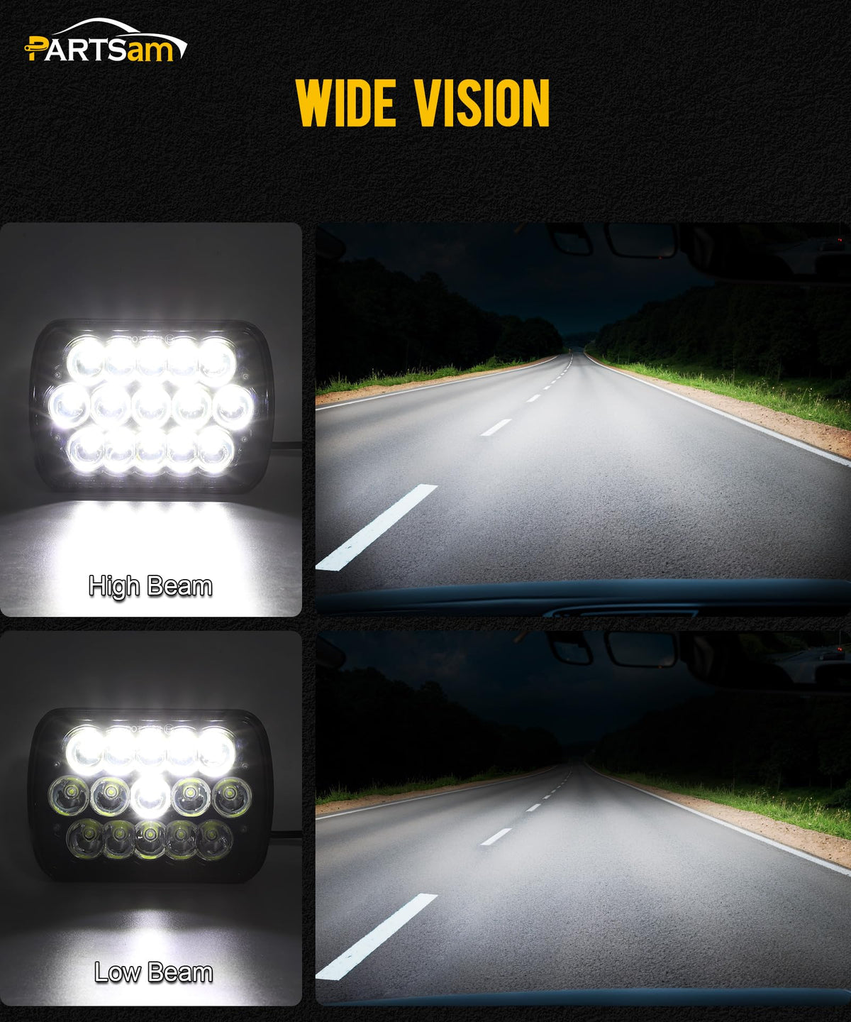 Partsam installed on Jeep Wrangler demonstrating improved nighttime visibility benefit