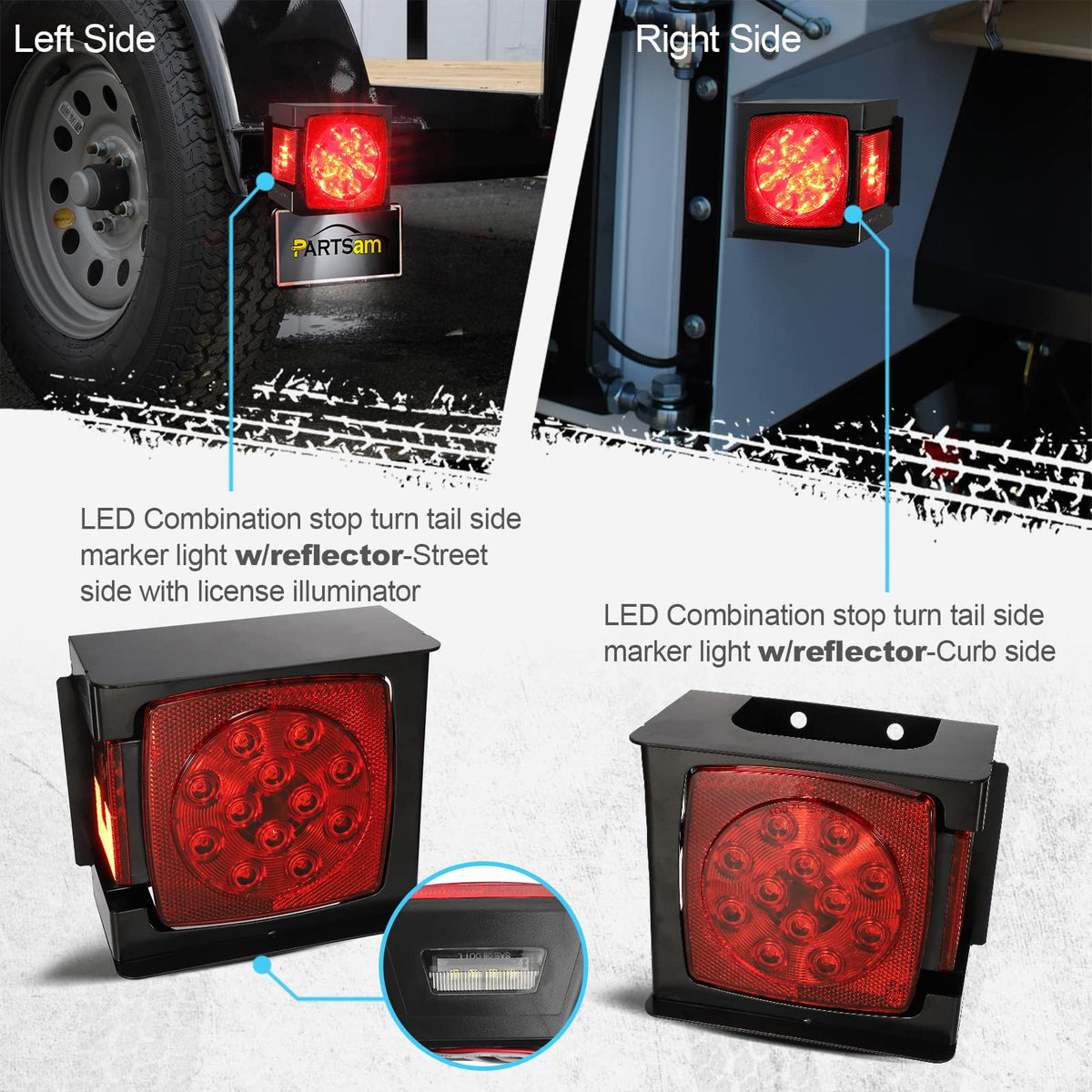 Partsam license bracket detail showing integrated white LEDs illuminating plate