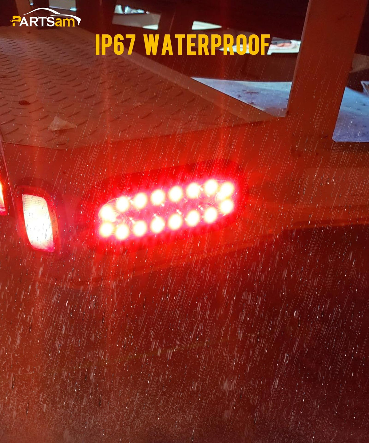 Partsam nighttime view illuminating driveway and reverse area, improves backing visibility