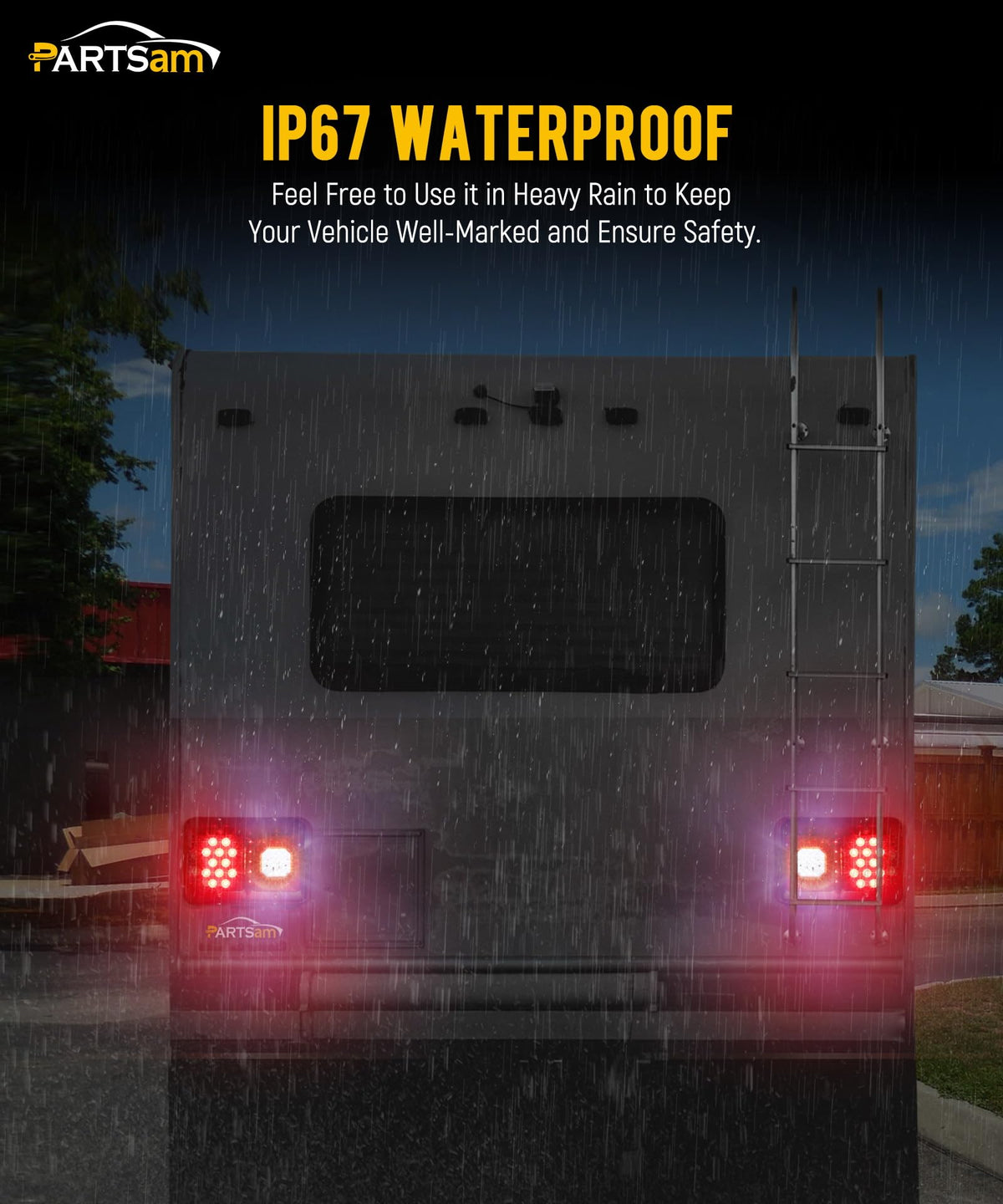 Partsam mounted on RV rear demonstrating improved safety and nighttime visibility
