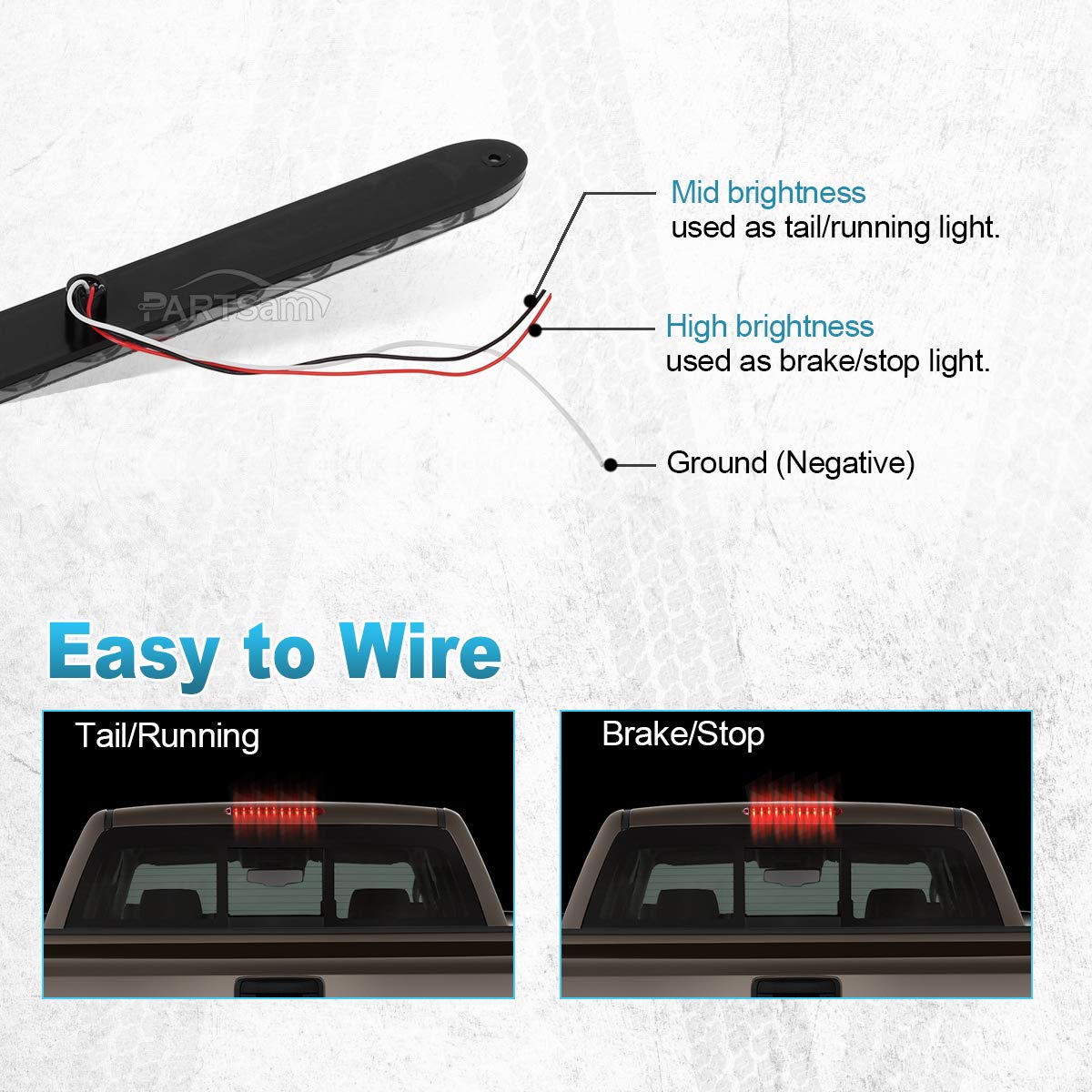 Partsam light bar mounted on trailer rear demonstrating high-red visibility and regulatory application