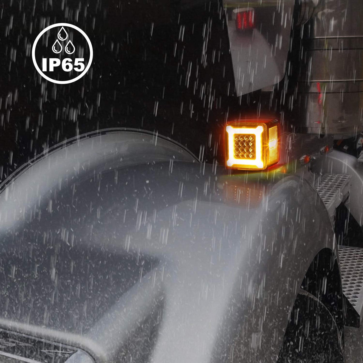 Partsam mounted on truck fender in use demonstrating enhanced signaling and road visibility