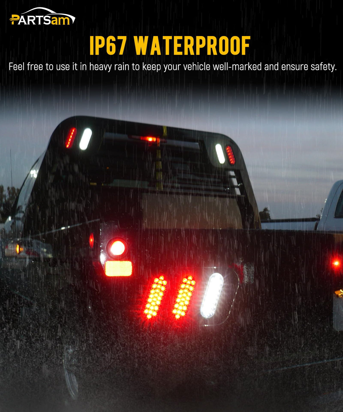 Partsam illuminated at night showing bright red brake and visible tail light